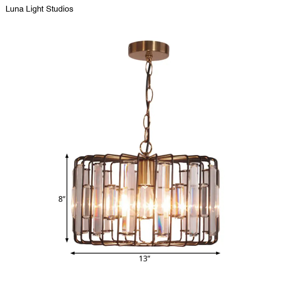 Brass Hanging Light Drum Cage with Crystal Accents - 11"/13" Wide 1-Light Rustic Ceiling Pendant for Living Room