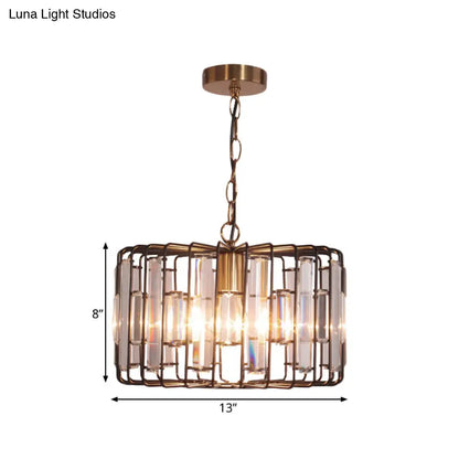 Brass Hanging Light Drum Cage with Crystal Accents - 11"/13" Wide 1-Light Rustic Ceiling Pendant for Living Room