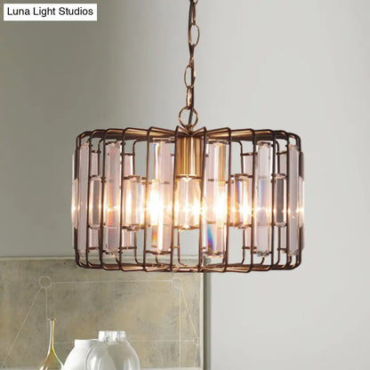 Brass Hanging Light Drum Cage with Crystal Accents - 11"/13" Wide 1-Light Rustic Ceiling Pendant for Living Room