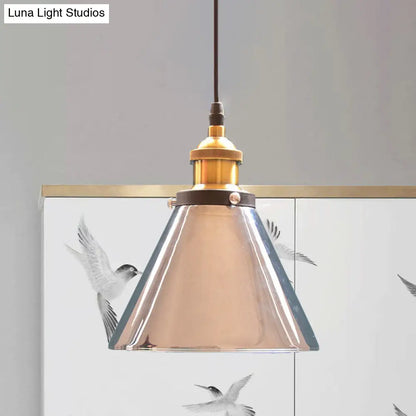 Brass Industrial Cone Pendant Light with Grey Glass for Living Room