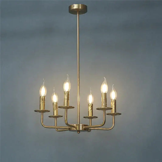 Brass iron art chandelier lights with five candle-style bulbs and central rod for dining room decorbites iron art fixture