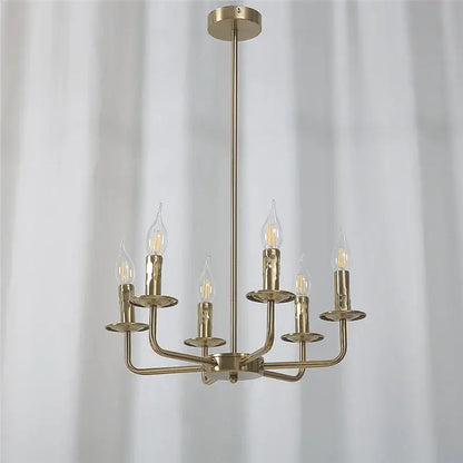 Brass-finished iron art chandelier lights with six candle-style bulbs for dining room decorbites iron art fixture