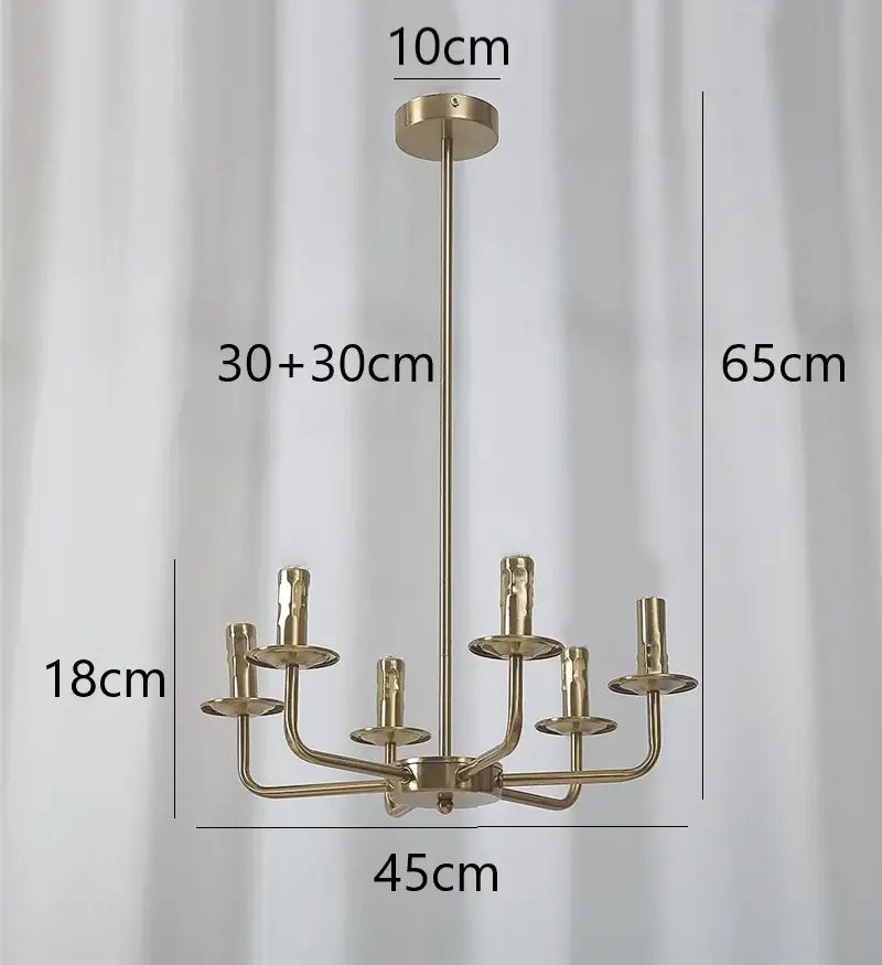 A modern brass iron art chandelier with six candle-style arms and 65cm height for dining room decorbites chandelier lights