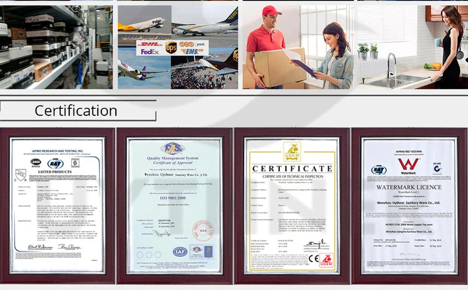 Framed certification document displayed with official seals beside a brass kitchen faucet rotating neck deck mounted