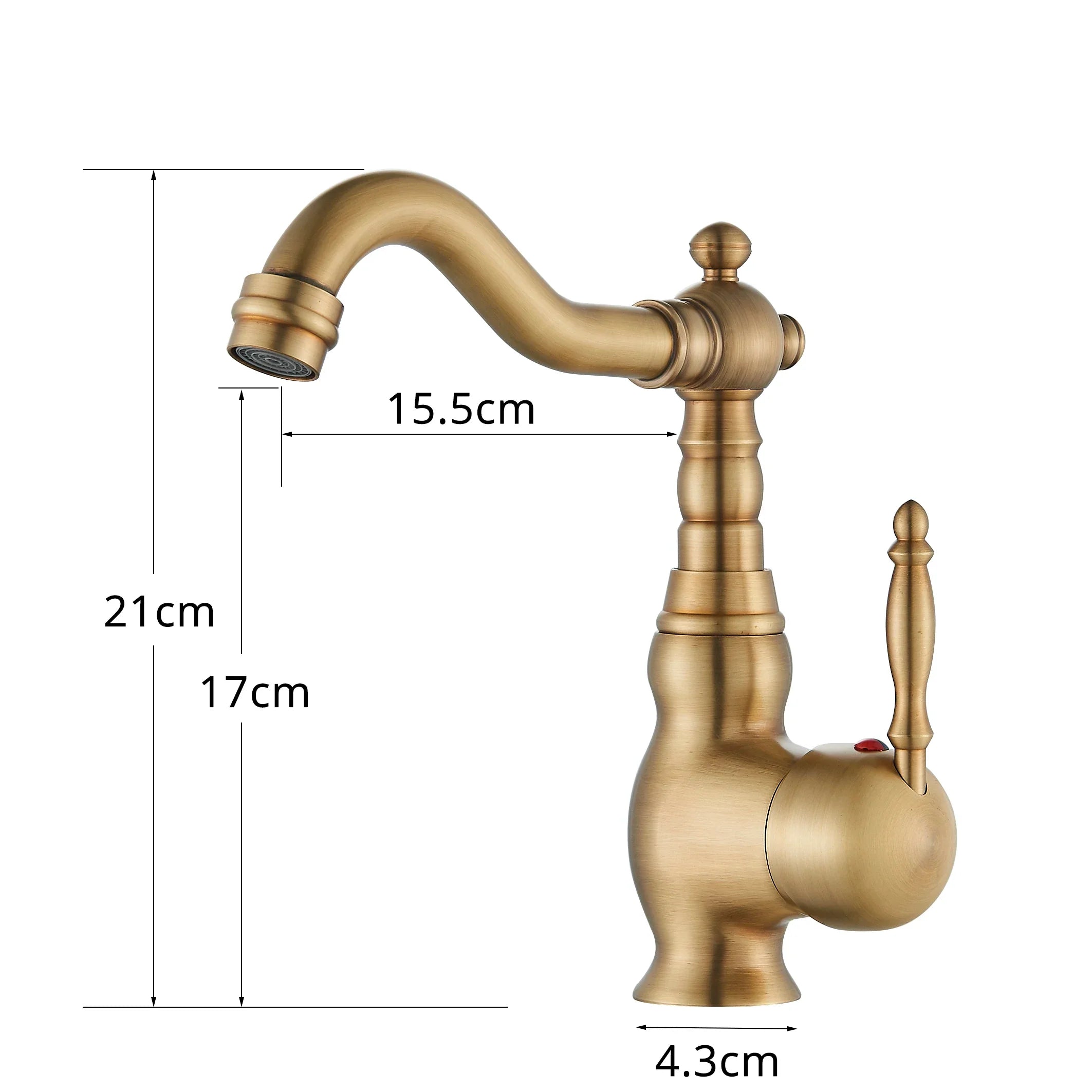 Antique brass-finished deck mounted kitchen faucet with rotating neck, curved spout, and ornate turned handle