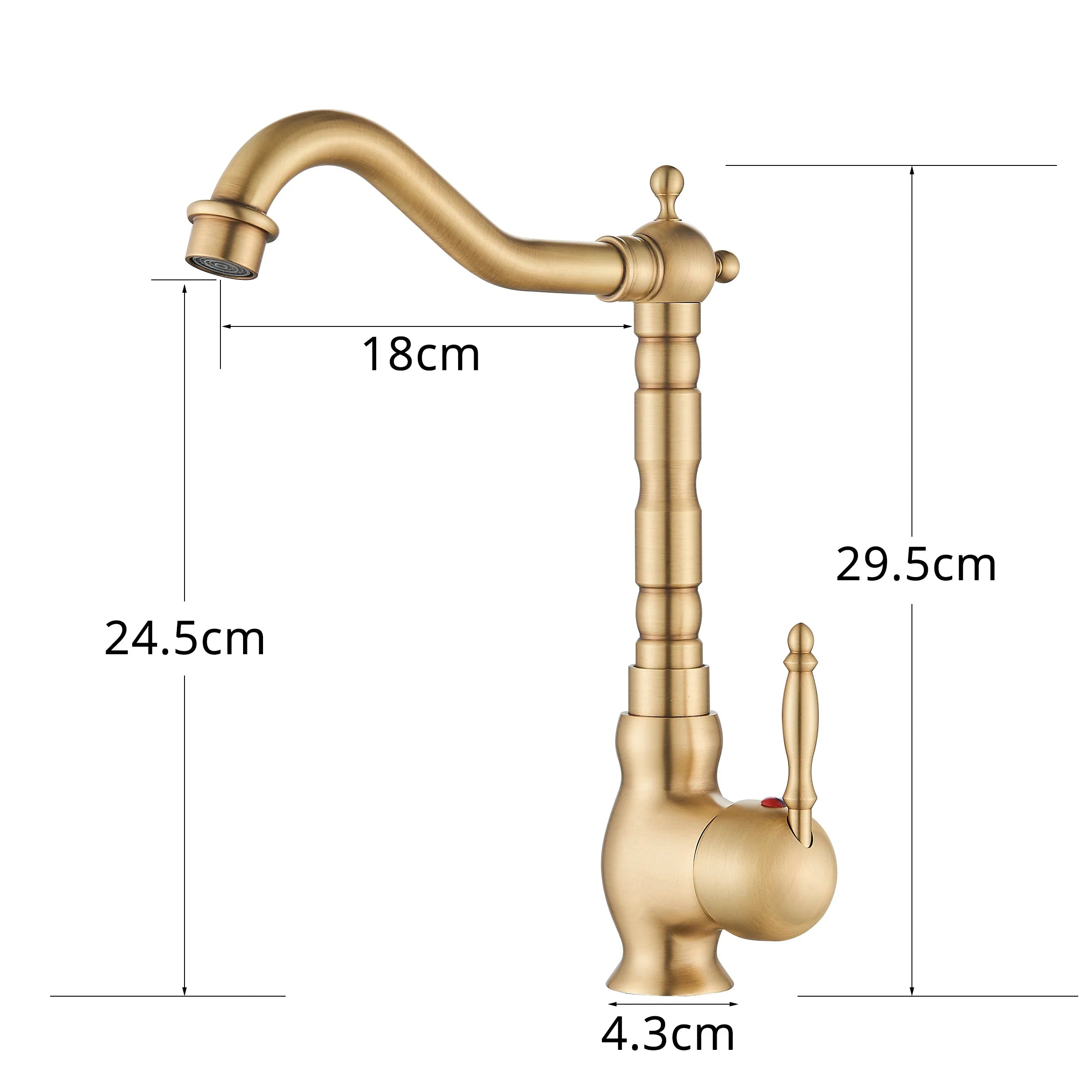 Antique brass-finished deck mounted brass kitchen faucet with rotating neck and ornate curved spout design