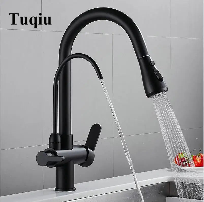 Black matte decorbites brass kitchen faucet with pull-down spray head single lever handle and water filter tap