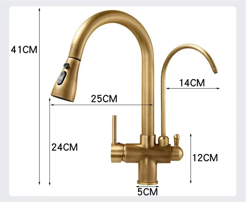 Brass kitchen faucet by decorbites featuring a gold-toned curved spout with pull-down black hose and water filter tap