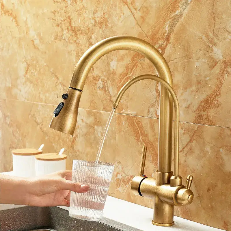 Brass kitchen faucet with pull down black hose and water filter tap featuring a curved spout and dual handles decorbites brass kitchen