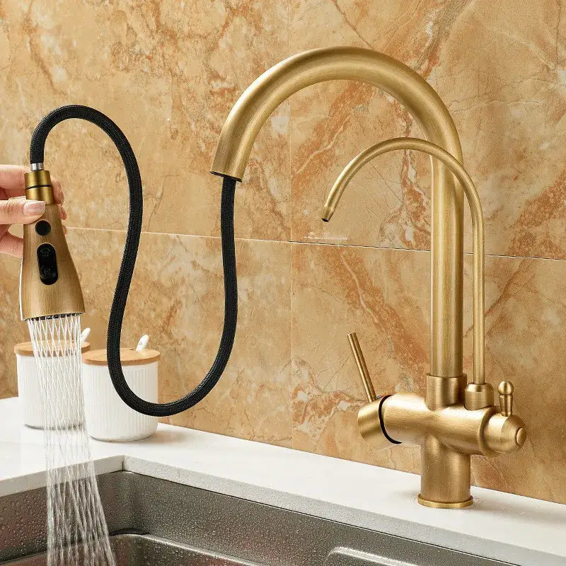 Brass kitchen faucet with pull down black hose and water filter tap by decorbites brass kitchen for modern kitchens