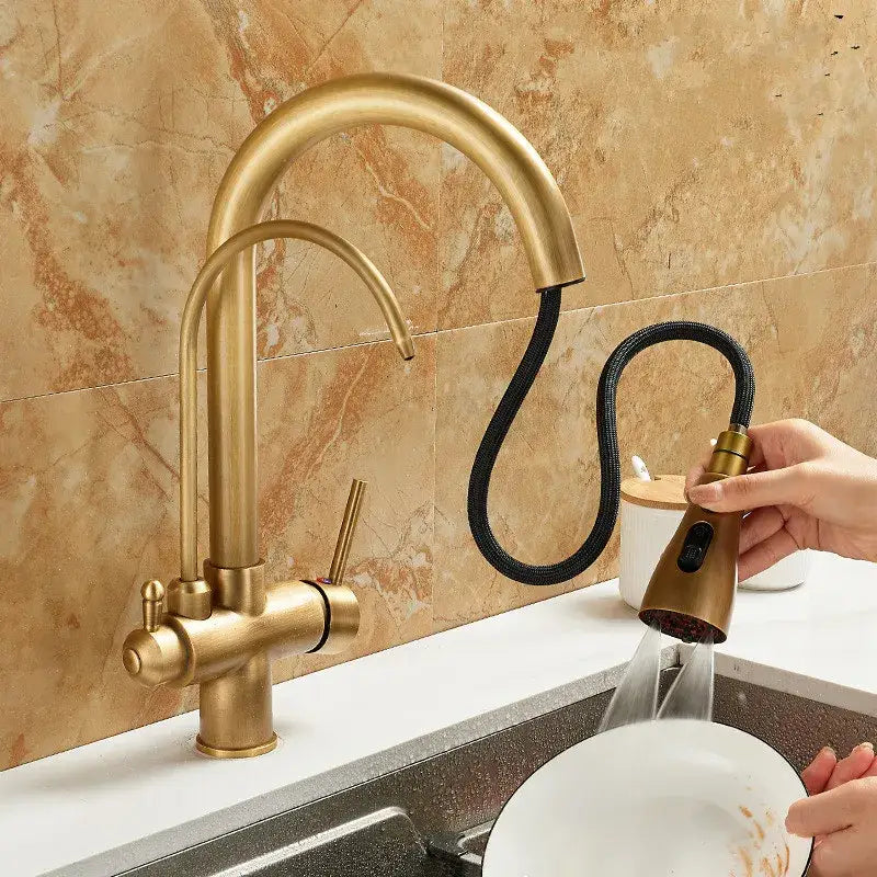 Brass kitchen faucet with pull down black braided hose and water filter tap by decorbites brass kitchen collection