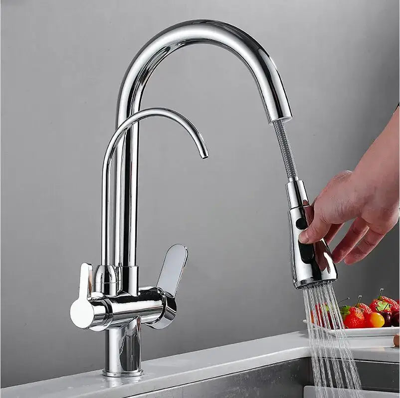 Chrome-finished decorbites brass kitchen faucet with pull-down black hose, sleek arched spout, and dual handles