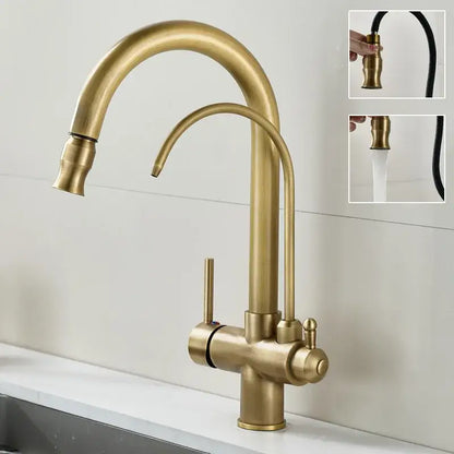 Brass kitchen faucet by decorbites with pull down black hose, curved spout, water filter tap, and brass finish
