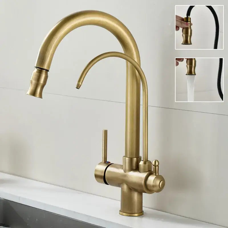 Brass kitchen faucet by decorbites with pull down black hose, curved spout, water filter tap, and brass finish