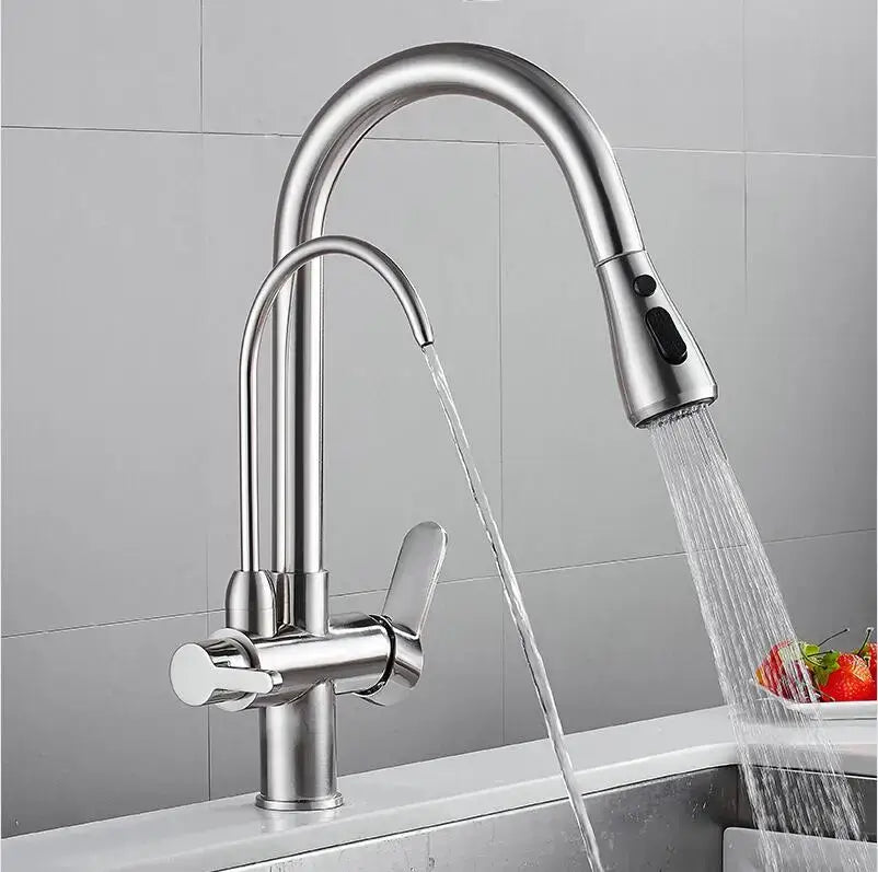 Stainless steel brass kitchen faucet with curved spout pull down black hose and water filter tap by decorbites brass kitchen