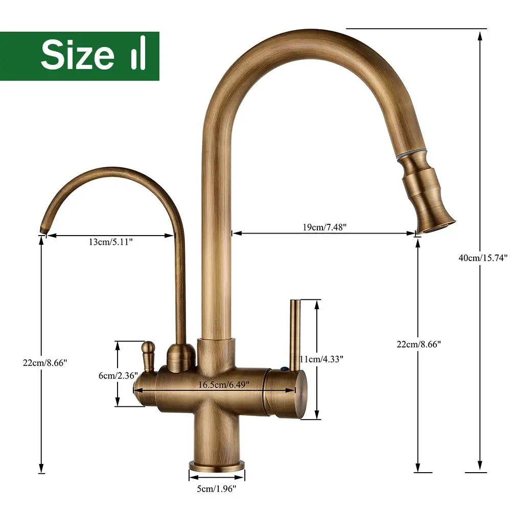 Antique brass kitchen faucet with curved spout pull down spray and water control filter for precise usage