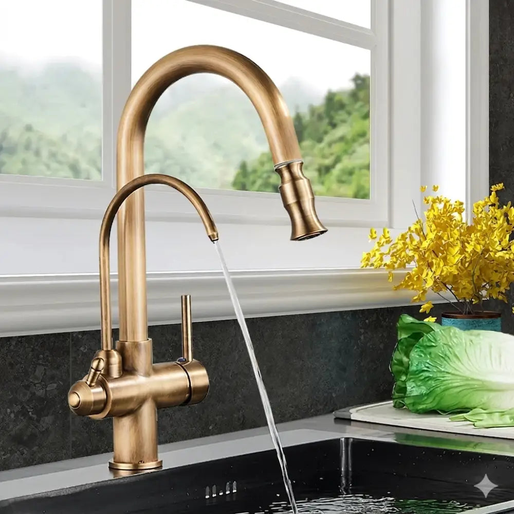 Brass kitchen faucet with pull down spray head and water control feature in a curved brass-finished design