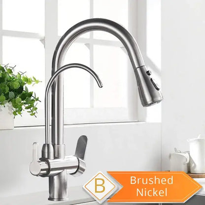 Brushed nickel kitchen faucet with sleek arched spout and pull-down spray head featuring water control filter