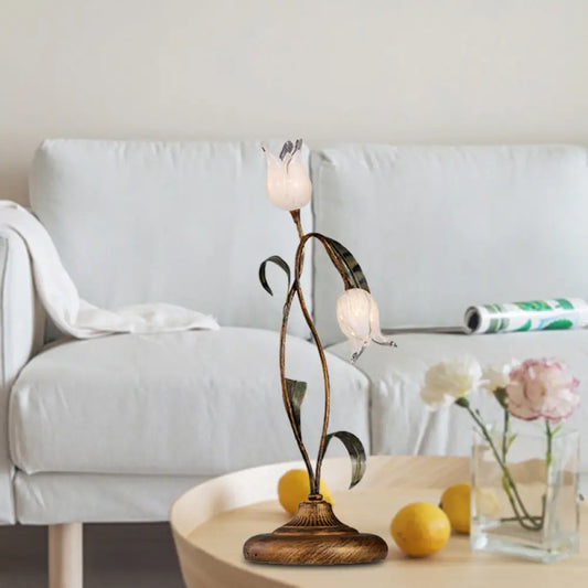 Brass LED Nightstand Light with Tulip Metal Design for Living Room - American Garden Theme