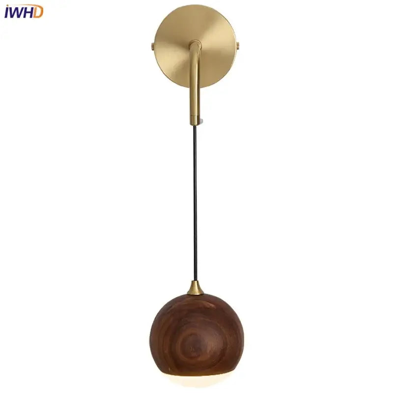 Brass led walnut wood wall lamp with spherical wooden shade for bedroom decorbites led walnut lighting fixture