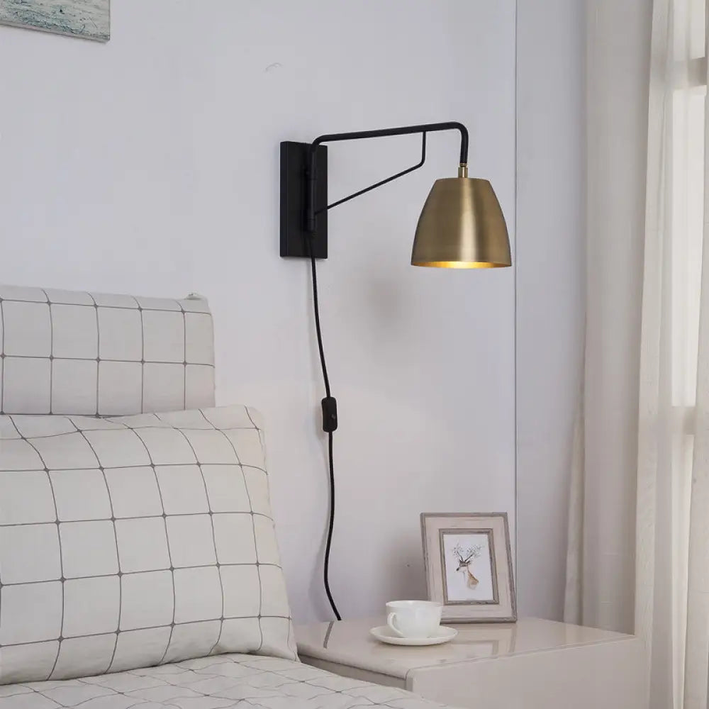 Brass Loft Style Wall Sconce with Metallic Barrel Shade - 1 Light Angle Arm Lighting for Bedroom