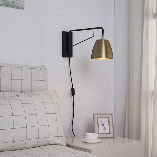 Brass Loft Style Wall Sconce with Metallic Barrel Shade - 1 Light Angle Arm Lighting for Bedroom