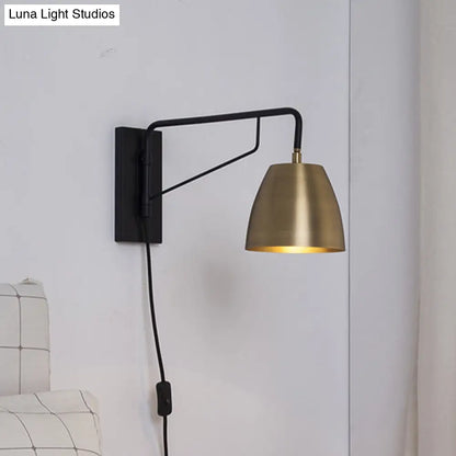 Brass Loft Style Wall Sconce with Metallic Barrel Shade - 1 Light Angle Arm Lighting for Bedroom
