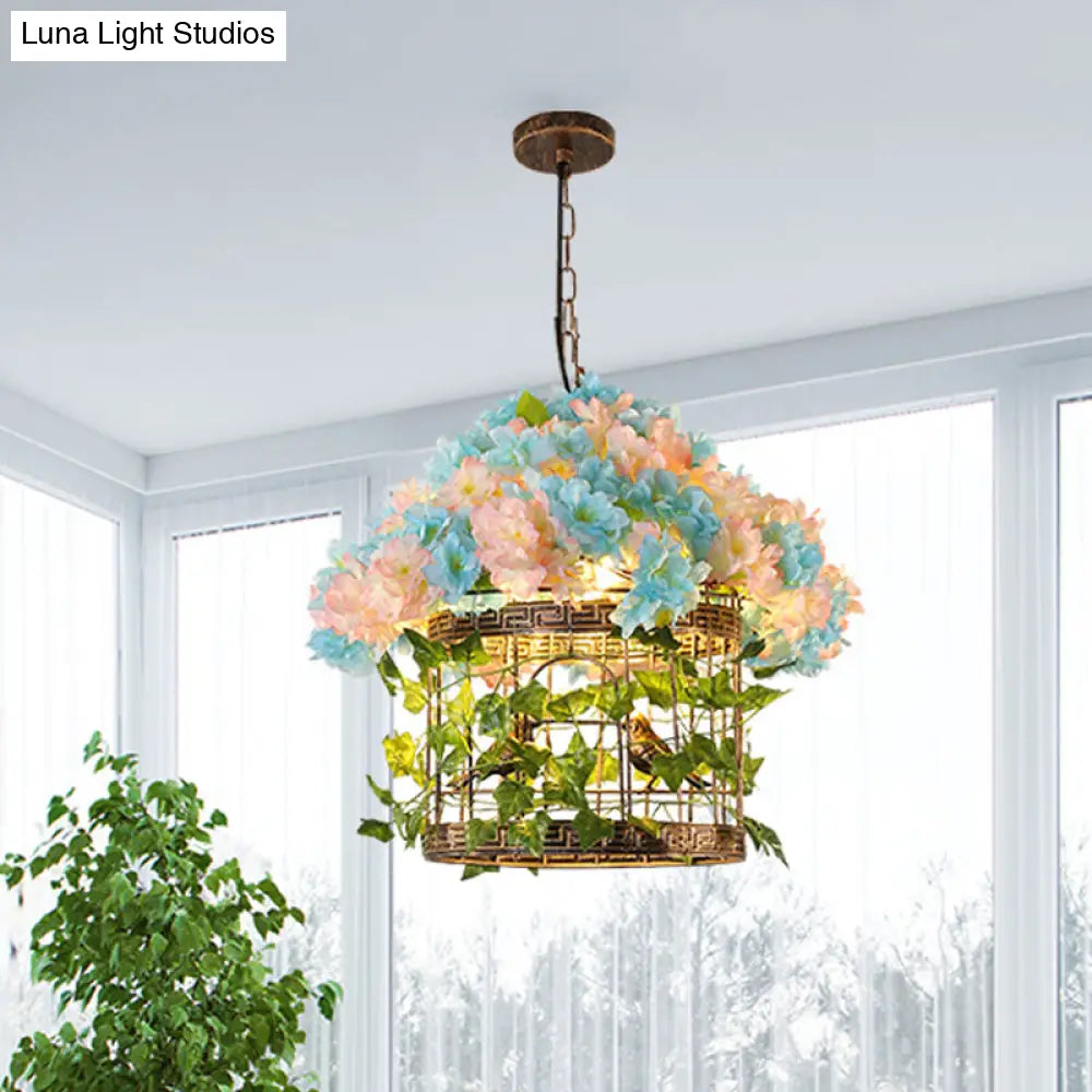 Brass Metal Birdcage Pendant Light with Flower Decor - Industrial Hanging Lamp with LED Bulb