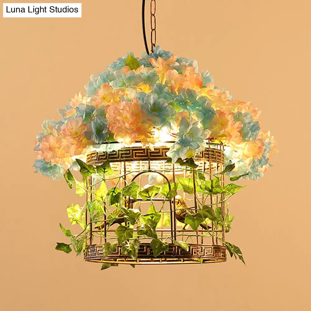 Brass Metal Birdcage Pendant Light with Flower Decor - Industrial Hanging Lamp with LED Bulb