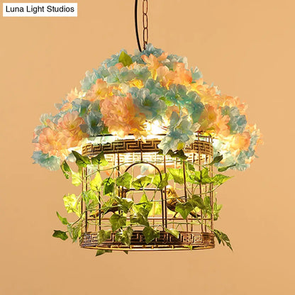 Brass Metal Birdcage Pendant Light with Flower Decor - Industrial Hanging Lamp with LED Bulb