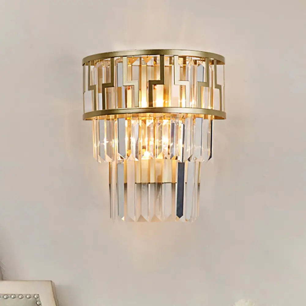 DecorBites™ Brass Modernism Layered Wall Lamp with Clear Crystal - 2 Lights Bedside Sconce Fixture