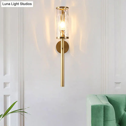DecorBites™ Brass Modernist Cylinder Sconce Light Fixture with Clear Water Glass - Corner Wall Lamp (1 Light)