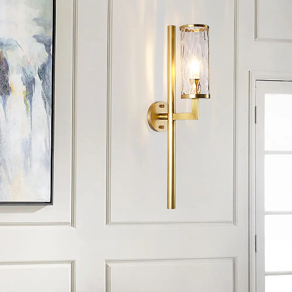 DecorBites™ Brass Modernist Cylinder Sconce Light Fixture with Clear Water Glass - Corner Wall Lamp (1 Light)