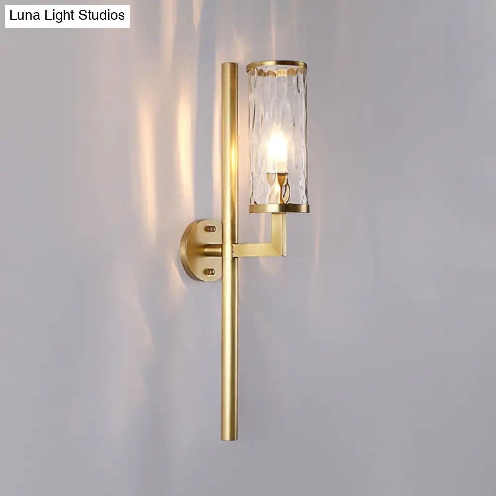 DecorBites™ Brass Modernist Cylinder Sconce Light Fixture with Clear Water Glass - Corner Wall Lamp (1 Light)
