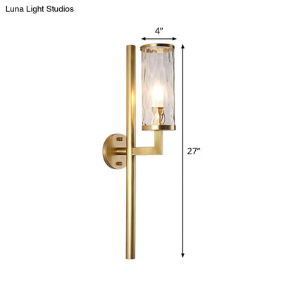 DecorBites™ Brass Modernist Cylinder Sconce Light Fixture with Clear Water Glass - Corner Wall Lamp (1 Light)