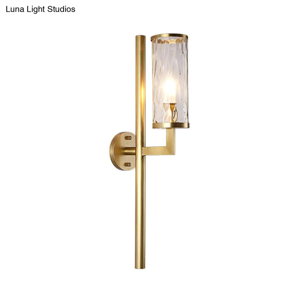 DecorBites™ Brass Modernist Cylinder Sconce Light Fixture with Clear Water Glass - Corner Wall Lamp (1 Light)