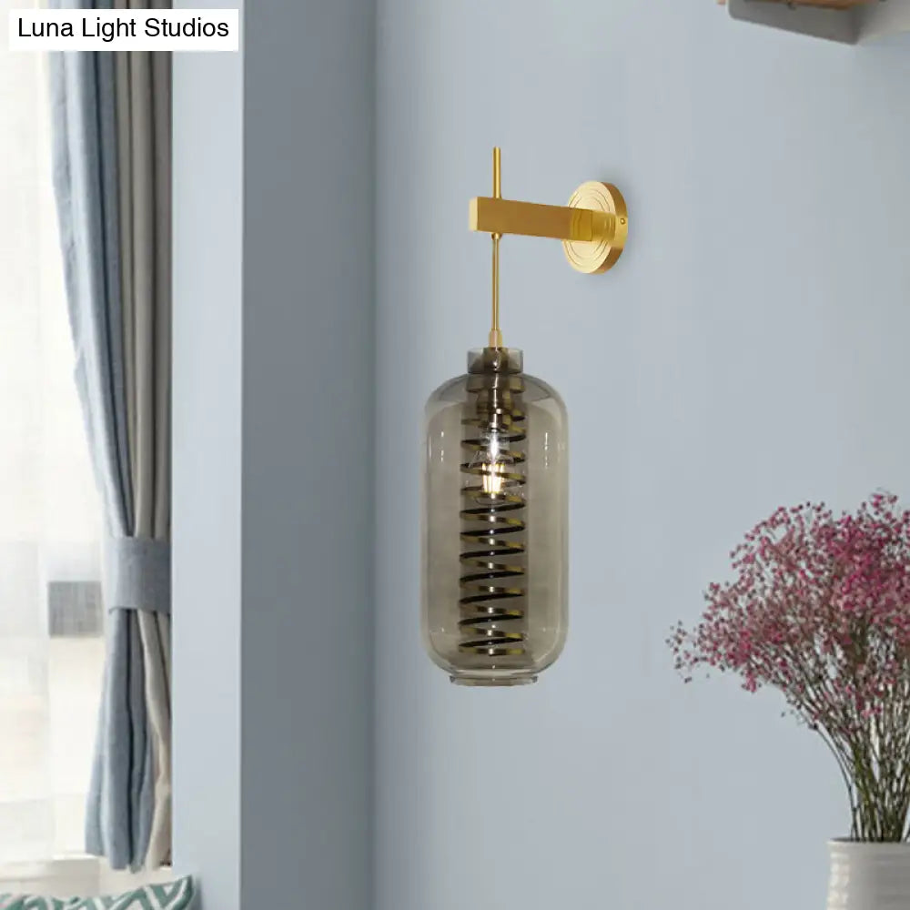 DecorBites™ Brass Mounted Smoke Gray Glass Wall Sconce Light - Post-Modern Cylinder Lamp