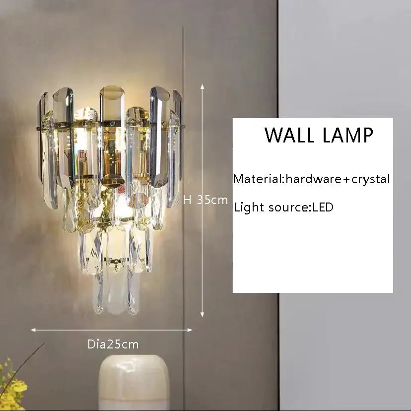 Elegant decorbites crystal ceiling chandelier with brass frame and cascading clear glass prisms illuminated by led light
