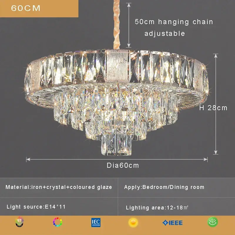 Brass multi tiered decorbites crystal ceiling chandelier with metallic iron frame and cascading clear and colored prisms
