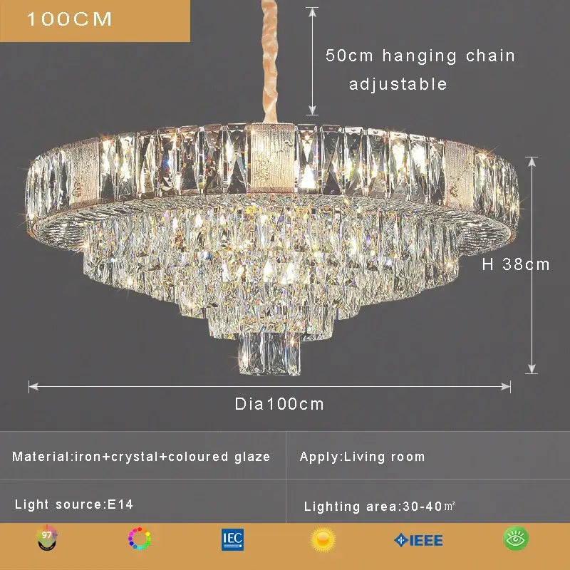 Brass multi-tiered decorbites crystal ceiling chandelier with metallic iron frame and clear colored glass prisms for living room