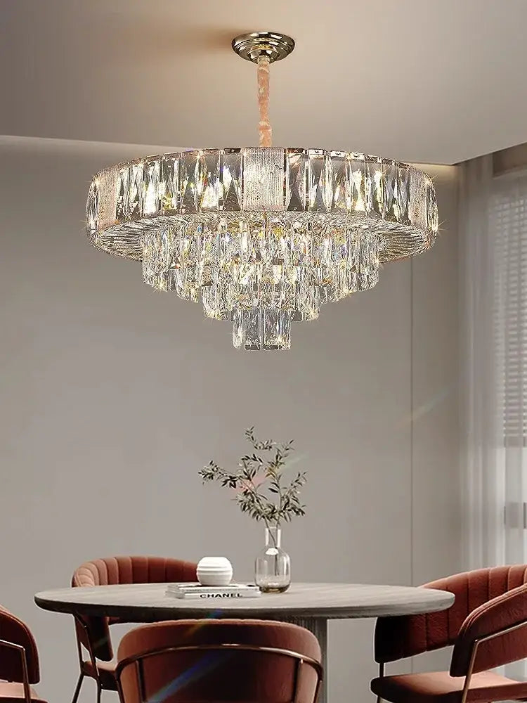 Brass multi tiered decorbites crystal ceiling chandelier with cascading clear faceted crystals for living room