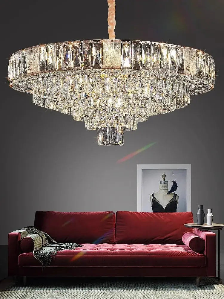 Brass multi-tiered decorbites crystal ceiling chandelier with faceted glass elements for elegant living room lighting