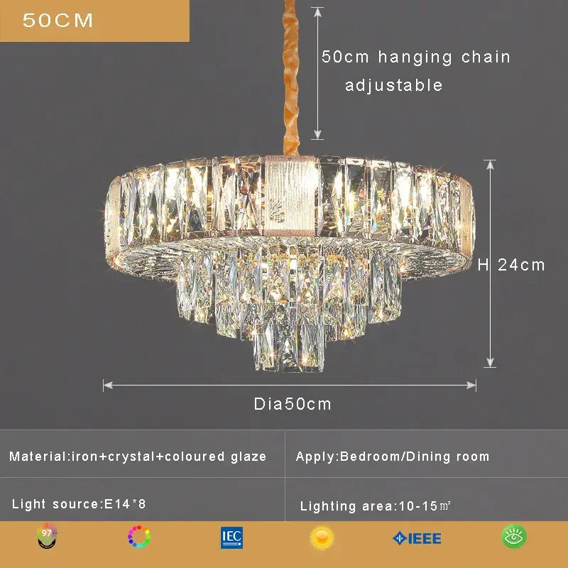A sparkling two-tiered decorbites crystal ceiling chandelier with golden twisted chain and iron frame for living room