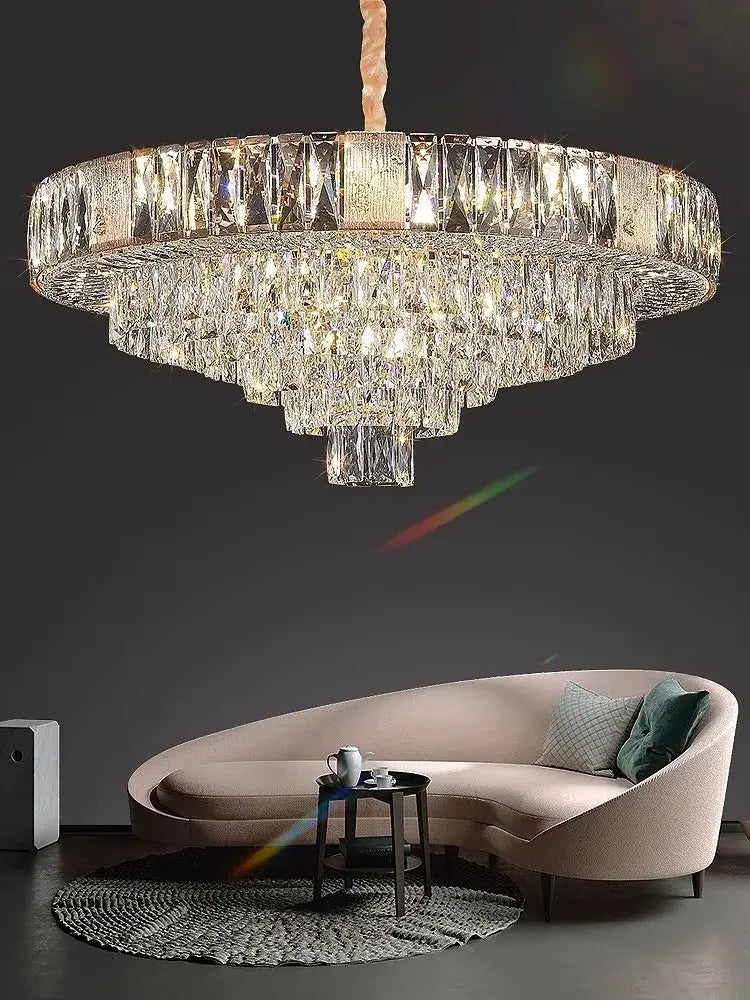 Brass multi tiered decorbites crystal ceiling chandelier with faceted clear crystals and gold frame for living room