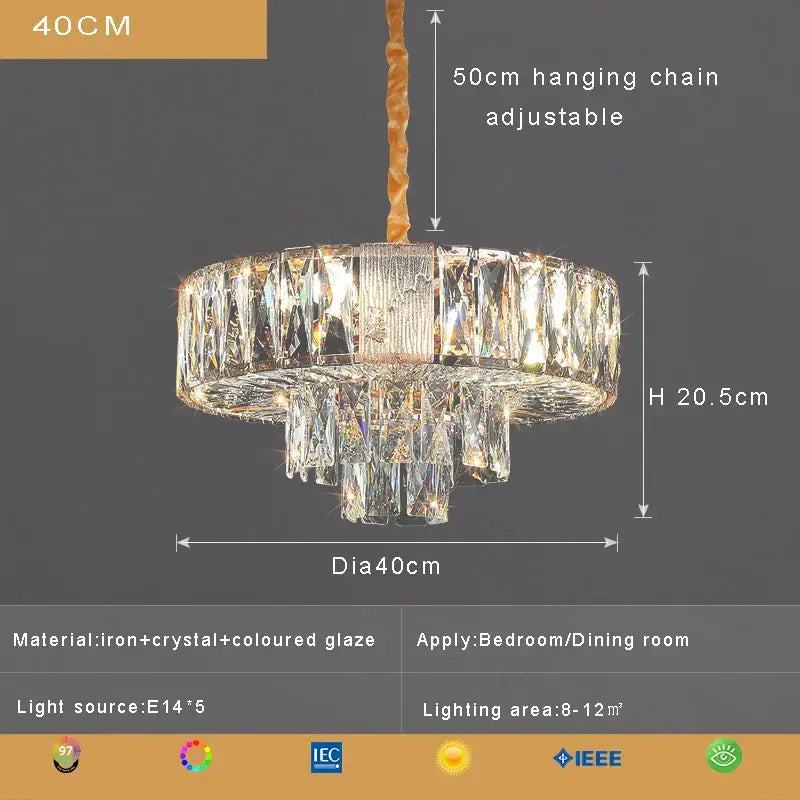 A 40cm decorbites crystal ceiling chandelier with twisted gold-toned chain, iron frame, and colored glass for living room