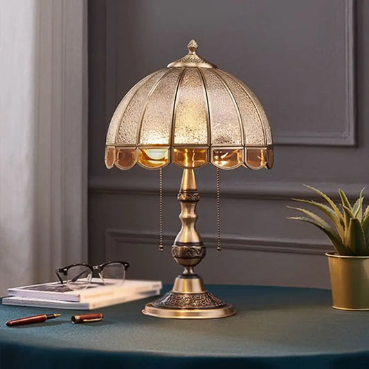 Brass Night Lamp: Traditional Dome Shade Table Light with Pull Chain and Water Glass - 1 Bulb