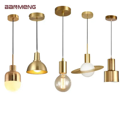 Five brass-finished pendant lights with nordic simplicity e27 led design featuring dome and saturn-inspired shades for bedroom