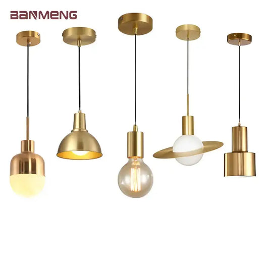 Five brass-finished pendant lights with nordic simplicity e27 led design featuring dome and saturn-inspired shades for bedroom