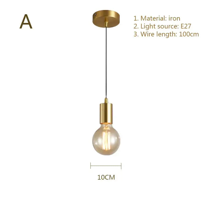 Gold-toned brass nordic simplicity e27 pendant light with classic edison bulb and 10cm wire length for bedroom use
