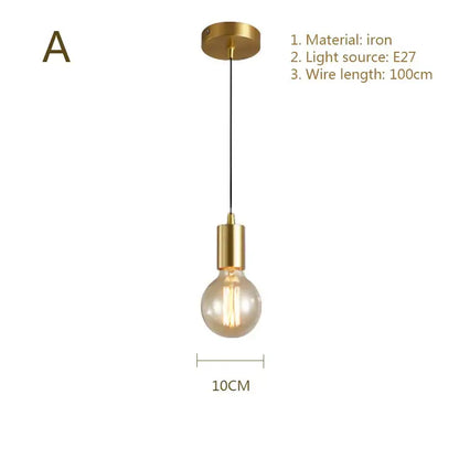 Gold-toned brass nordic simplicity e27 pendant light with classic edison bulb and 10cm wire length for bedroom use